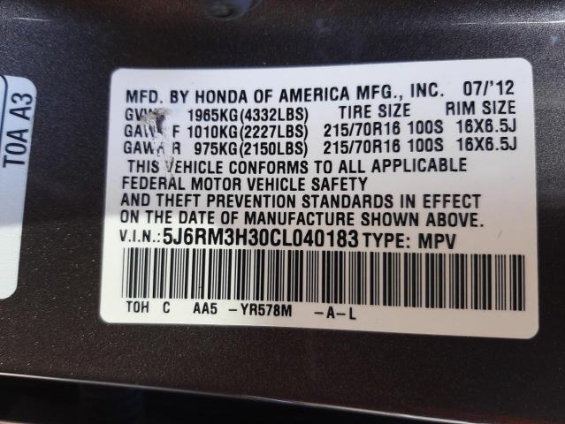 Photo 10 from auction – 2012 HONDA CR-V LX with VIN 5J6RM3H30CL040183