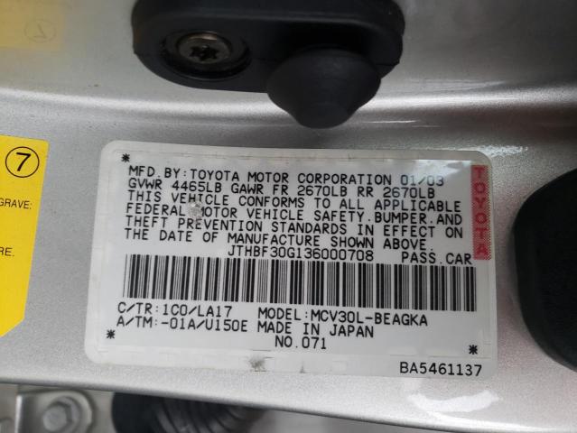 Photo 10 from auction – 2003 LEXUS ES 300 with VIN JTHBF30G136000708