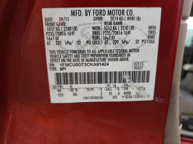 Photo 10 from auction – 2012 FORD ESCAPE XLT with VIN 1FMCU0D73CKA91424