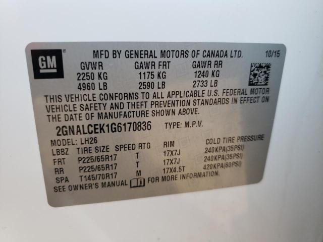 Photo 10 from auction – 2016 CHEVROLET EQUINOX LT with VIN 2GNALCEK1G6170836