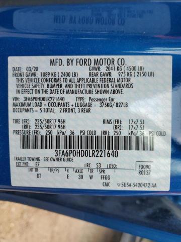 Photo 10 from auction – 2020 FORD FUSION SE with VIN 3FA6P0HD0LR221640