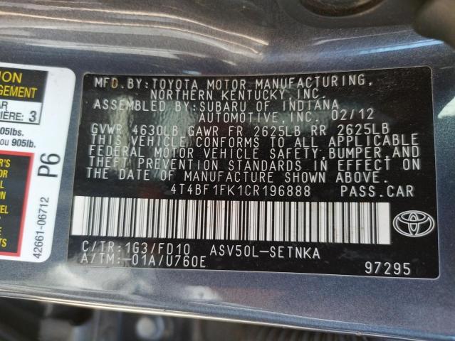 Photo 10 from auction – 2012 TOYOTA CAMRY BASE with VIN 4T4BF1FK1CR196888