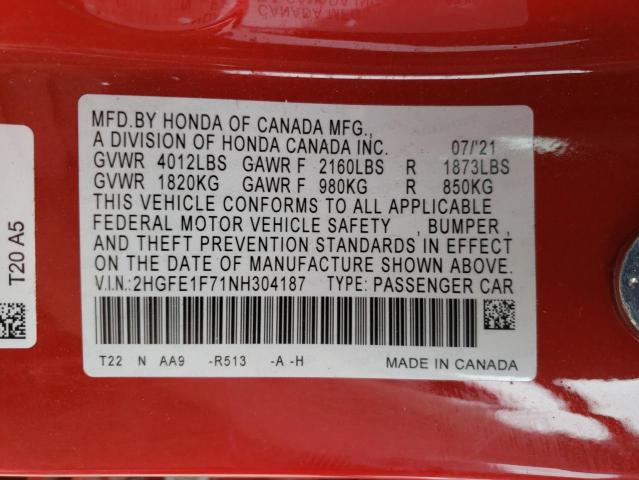 Photo 10 from auction – 2022 HONDA CIVIC EX with VIN 2HGFE1F71NH304187