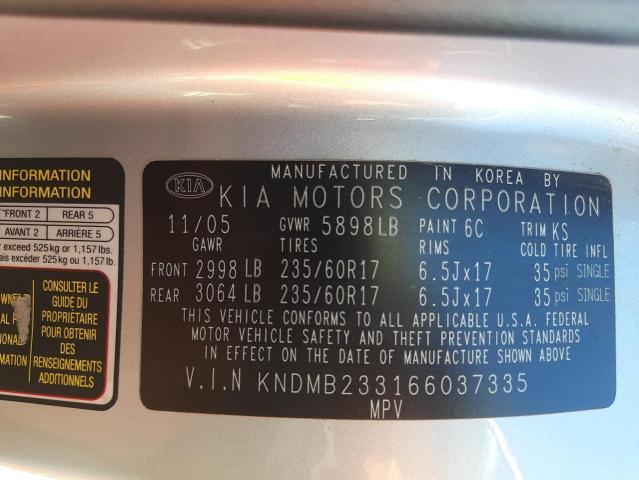 Photo 10 from auction – 2006 KIA SEDONA EX with VIN KNDMB233166037335