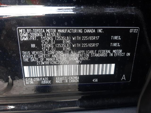 Photo 10 from auction – 2022 TOYOTA RAV4 XLE with VIN 2T3W1RFV2NC200770