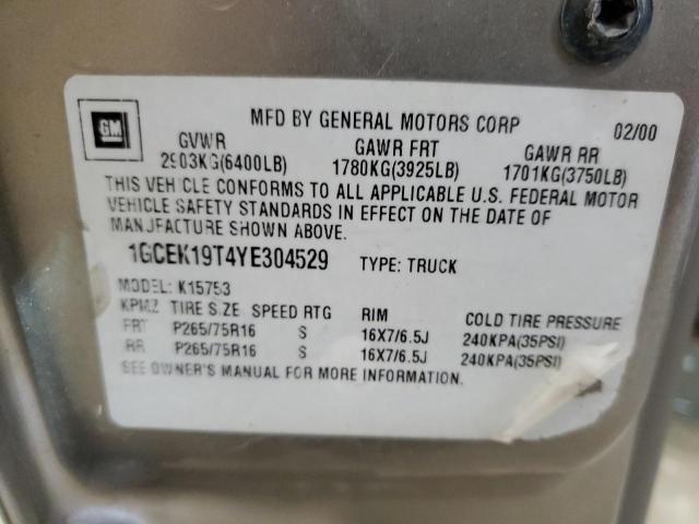 Photo 10 from auction – 2000 CHEVROLET SILVERADO with VIN 1GCEK19T4YE304529