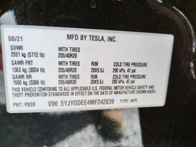 Photo 10 from auction – 2021 TESLA MODEL Y with VIN 5YJYGDEE4MF242839