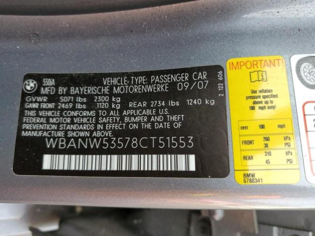 Photo 10 from auction – 2008 BMW 550 I with VIN WBANW53578CT51553
