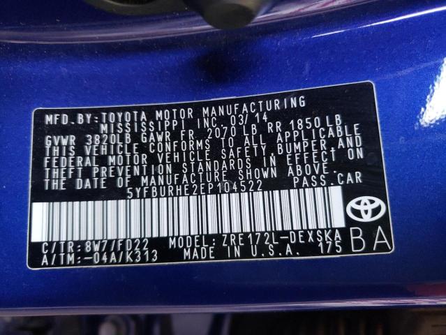 Photo 10 from auction – 2014 TOYOTA COROLLA L with VIN 5YFBURHE2EP104522