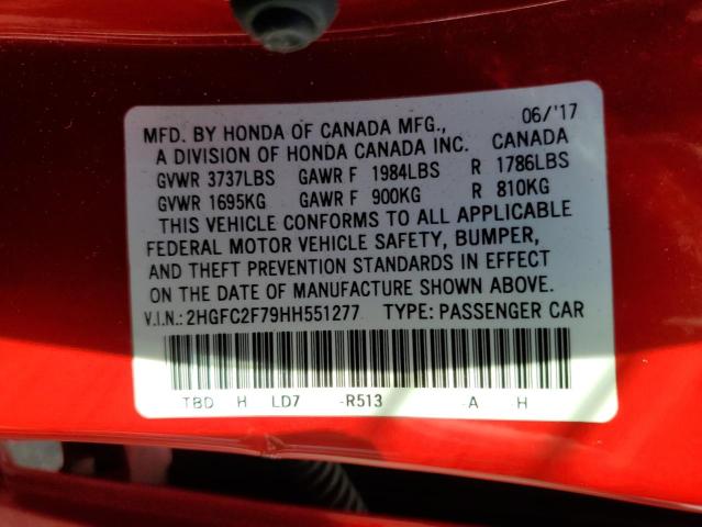 Photo 10 from auction – 2017 HONDA CIVIC EX with VIN 2HGFC2F79HH551277
