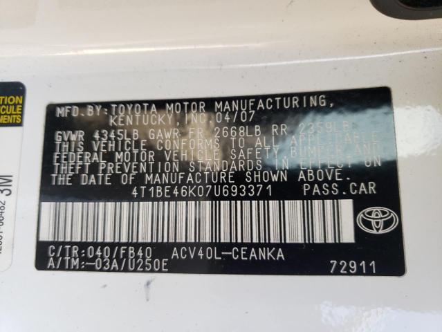 Photo 10 from auction – 2007 TOYOTA CAMRY CE with VIN 4T1BE46K07U693371