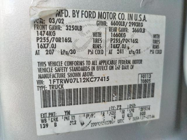 Photo 10 from auction – 2002 FORD F150 SUPER with VIN 1FTRW07L12KC77415
