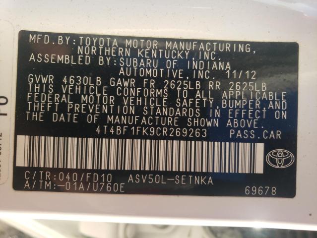 Photo 10 from auction – 2012 TOYOTA CAMRY BASE with VIN 4T4BF1FK9CR269263