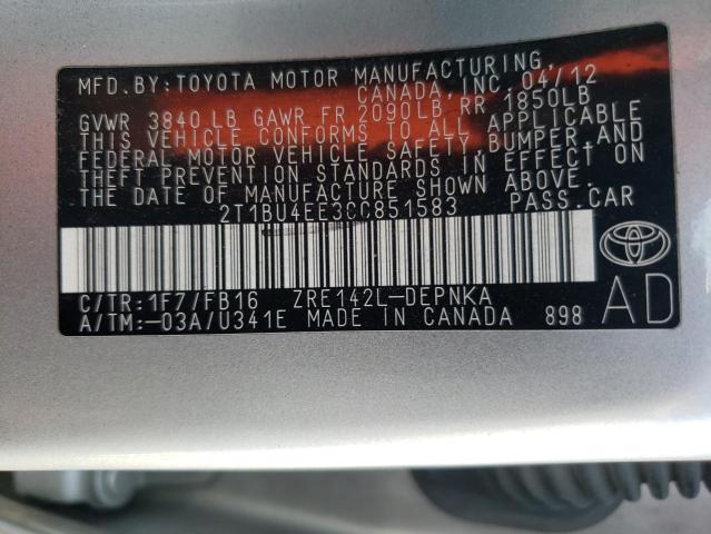 Photo 10 from auction – 2012 TOYOTA COROLLA BA with VIN 2T1BU4EE3CC851583