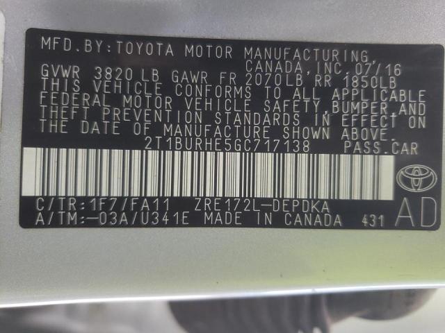 Photo 10 from auction – 2016 TOYOTA COROLLA L with VIN 2T1BURHE5GC717138