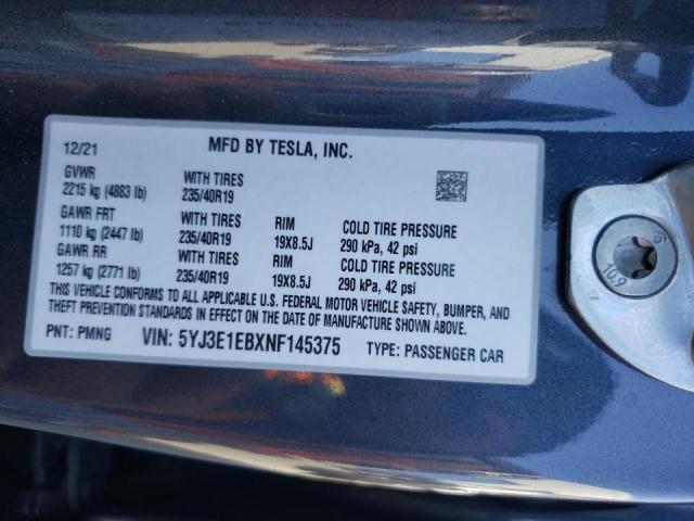 Photo 10 from auction – 2022 TESLA MODEL 3 with VIN 5YJ3E1EBXNF145375