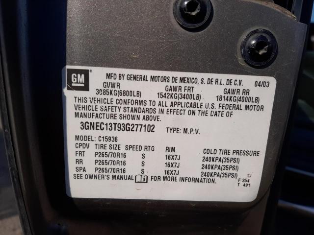 Photo 10 from auction – 2003 CHEVROLET AVALANCHE with VIN 3GNEC13T93G277102