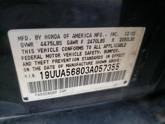 Photo 10 from auction – 2003 ACURA 3.2TL TYPE with VIN 19UUA56803A057355