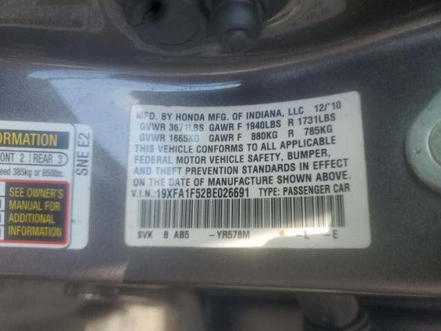 Photo 10 from auction – 2011 HONDA CIVIC LX with VIN 19XFA1F52BE026691