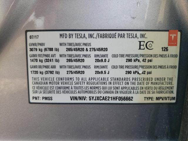 Photo 10 from auction – 2017 TESLA MODEL X with VIN 5YJXCAE21HF056662