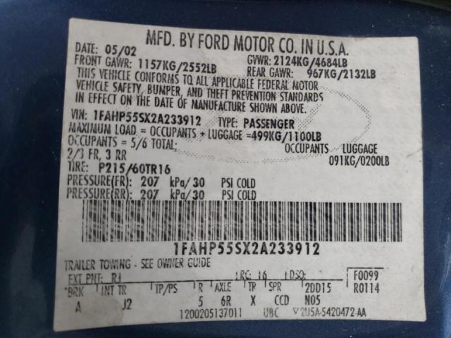 Photo 10 from auction – 2002 FORD TAURUS SES with VIN 1FAHP55SX2A233912