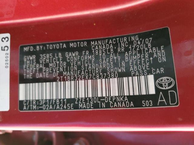 Photo 10 from auction – 2007 TOYOTA COROLLA CE with VIN 2T1BR32EX7C837380