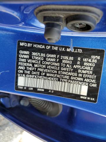 Photo 10 from auction – 2017 HONDA CIVIC EX with VIN SHHFK7H52HU404331