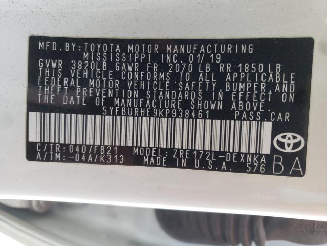 Photo 10 from auction – 2019 TOYOTA COROLLA L with VIN 5YFBURHE9KP938461