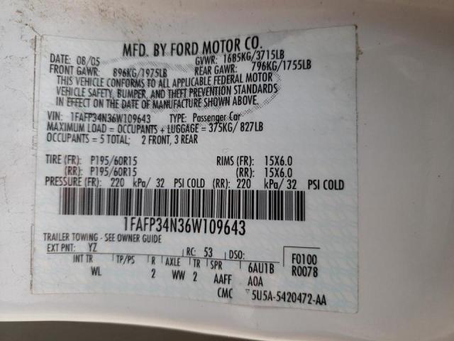 Photo 10 from auction – 2006 FORD FOCUS ZX4 with VIN 1FAFP34N36W109643