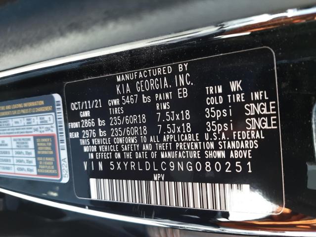 Photo 10 from auction – 2022 KIA SORENTO S with VIN 5XYRLDLC9NG080251