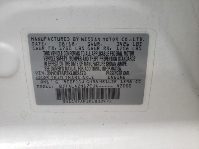 Photo 10 from auction – 2019 NISSAN VERSA S with VIN 3N1CN7AP3KL802473