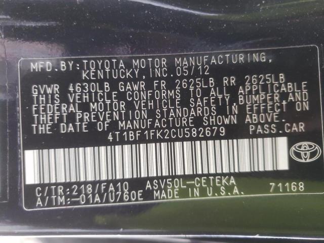 Photo 10 from auction – 2012 TOYOTA CAMRY with VIN 4T1BF1FK2CU582679