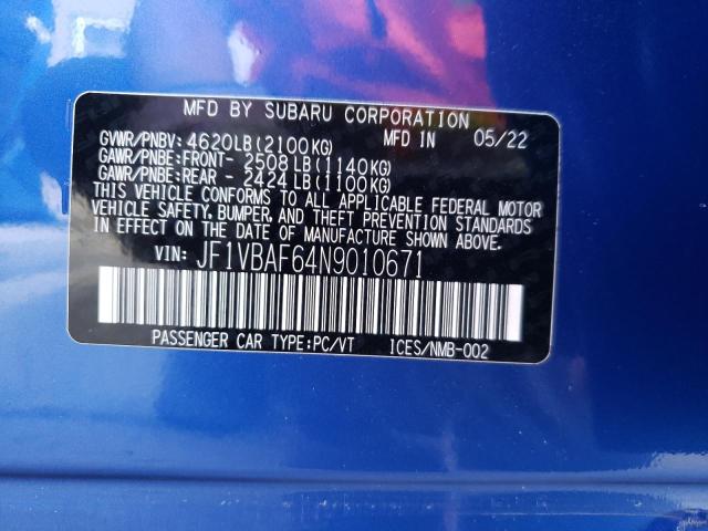 Foto 10 de la subasta – 2022 SUBARU WRX PREMIU con VIN JF1VBAF64N9010671