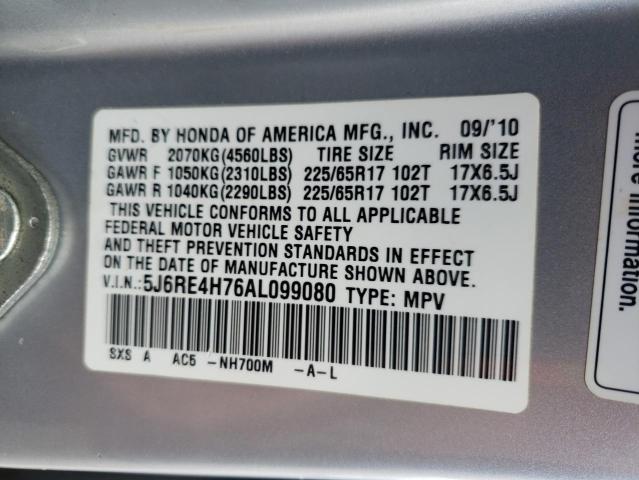 Photo 10 from auction – 2010 HONDA CR-V EXL with VIN 5J6RE4H76AL099080