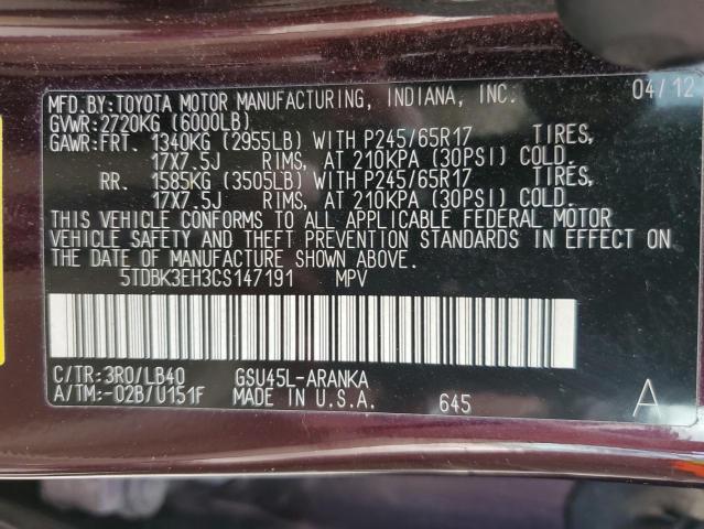 Photo 10 from auction – 2012 TOYOTA HIGHLANDER with VIN 5TDBK3EH3CS147191