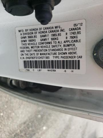 Photo 10 from auction – 2012 HONDA CIVIC LX with VIN 2HGFB2F51CH571565