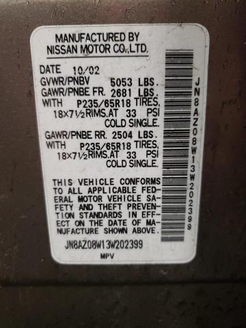 Photo 10 from auction – 2003 NISSAN MURANO SL with VIN JN8AZ08W13W202399