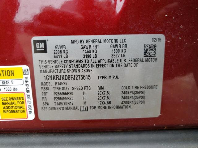 Photo 10 from auction – 2015 CHEVROLET TRAVERSE L with VIN 1GNKRJKD8FJ275615