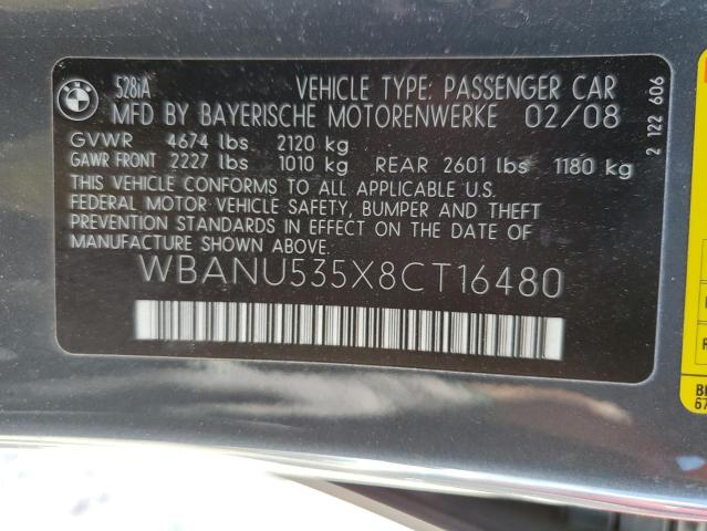 Photo 10 from auction – 2008 BMW 528 I with VIN WBANU535X8CT16480