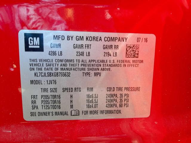 Photo 10 from auction – 2016 CHEVROLET TRAX 1LT with VIN KL7CJLSBXGB755632