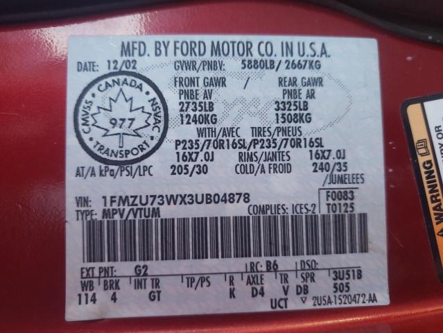 Photo 10 from auction – 2003 FORD EXPLORER X with VIN 1FMZU73WX3UB04878