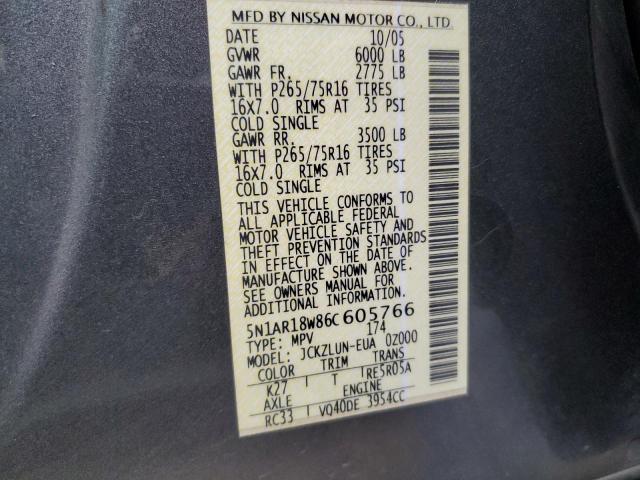 Photo 10 from auction – 2006 NISSAN PATHFINDER with VIN 5N1AR18W86C605766