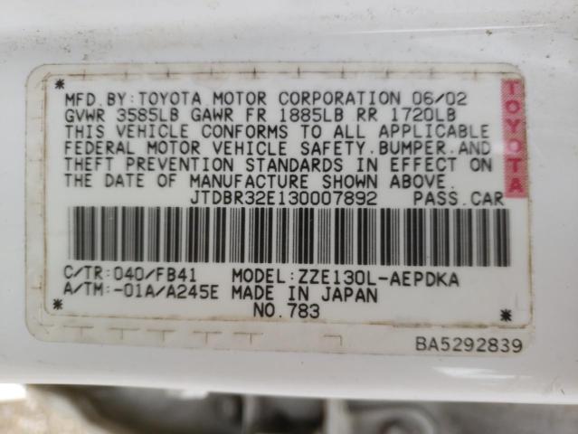 Photo 10 from auction – 2003 TOYOTA COROLLA CE with VIN JTDBR32E130007892