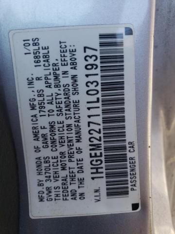 Photo 10 from auction – 2001 HONDA CIVIC HX with VIN 1HGEM22711L031937