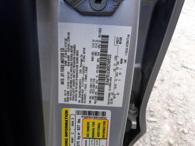 Photo 10 from auction – 2019 FORD FUSION SE with VIN 3FA6P0LU3KR240933
