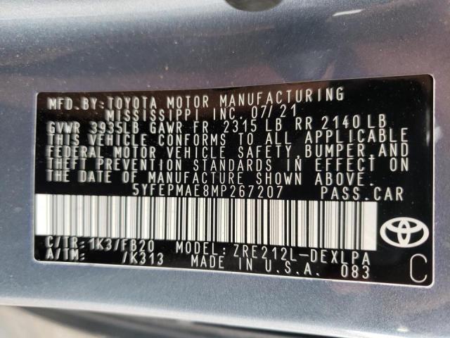 Photo 10 from auction – 2021 TOYOTA COROLLA LE with VIN 5YFEPMAE8MP267207