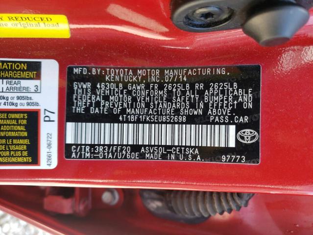 Photo 10 from auction – 2014 TOYOTA CAMRY L with VIN 4T1BF1FK5EU852698
