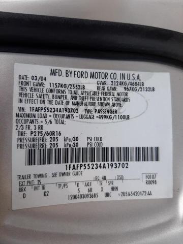 Photo 10 from auction – 2004 FORD TAURUS SES with VIN 1FAFP55234A193702