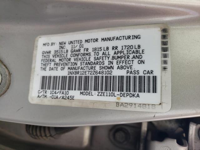 Photo 10 from auction – 2002 TOYOTA COROLLA CE with VIN 1NXBR12E72Z648102