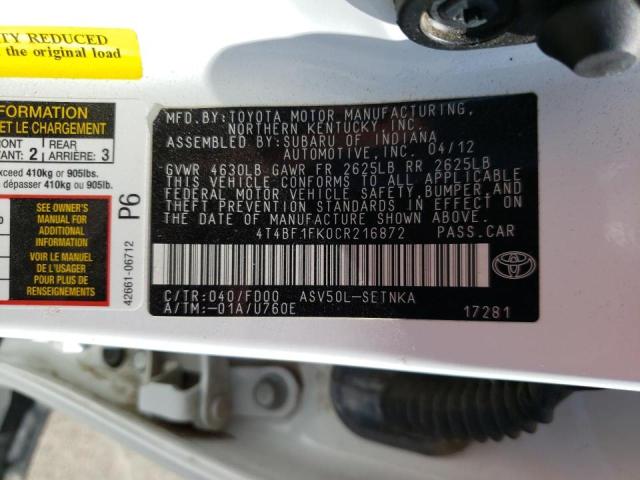 Photo 10 from auction – 2012 TOYOTA CAMRY with VIN 4T4BF1FK0CR216872